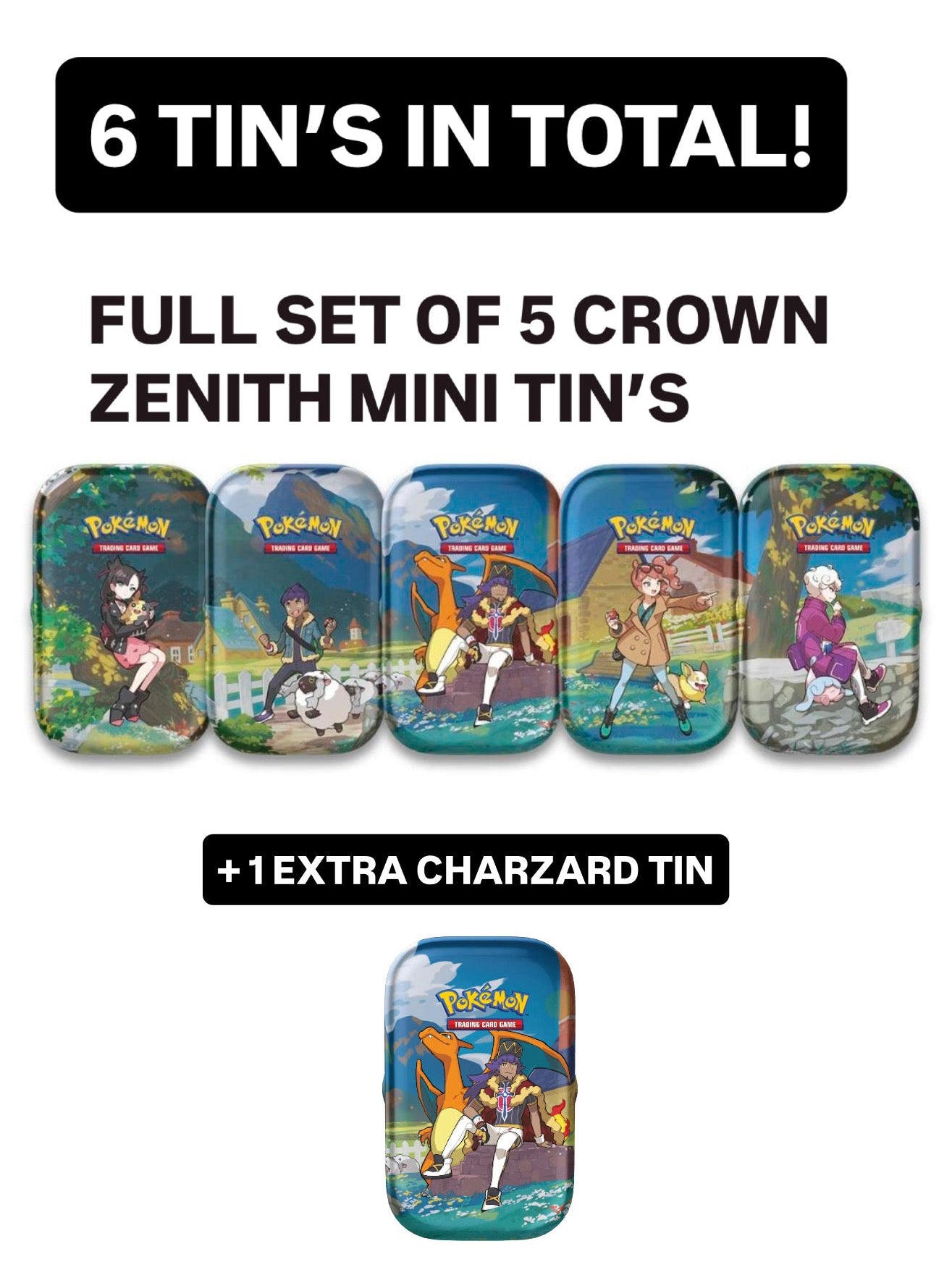 SEALED CROWN ZENITH MINI TIN’S FULL SET OF 5  + 1 EXTRA CHARZARD TIN
