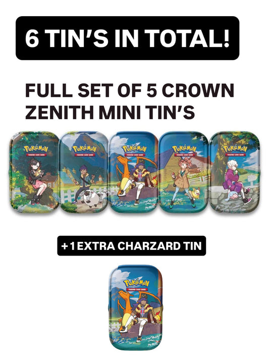 SEALED CROWN ZENITH MINI TIN’S FULL SET OF 5  + 1 EXTRA CHARZARD TIN